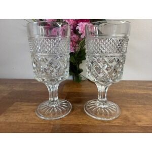 Anchor Hocking Wexford Goblets Vintage Glass Pair Diamond Pattern Water Wine